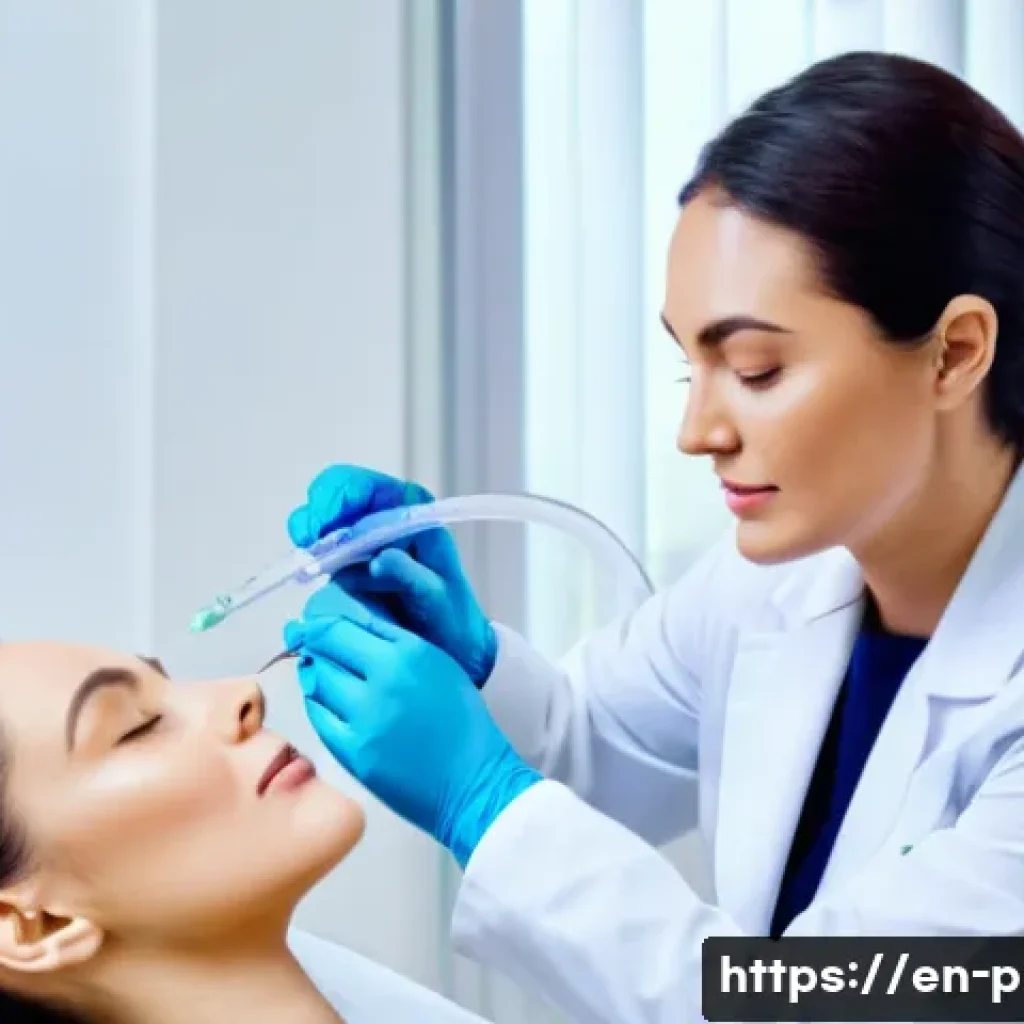 목 지방 제거 시술 - A modern aesthetic clinic treatment room with a professional female dermatologist in a white coat ad...
