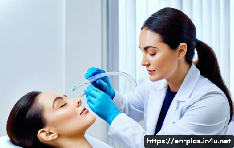 목 지방 제거 시술 - A modern aesthetic clinic treatment room with a professional female dermatologist in a white coat ad...