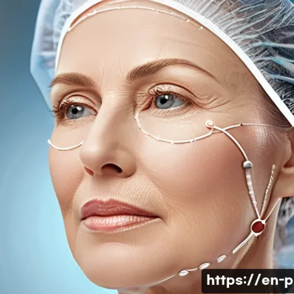 성형외과 실리프팅 효과 - A detailed medical illustration of a thread lifting procedure on a middle-aged woman’s face, showing...