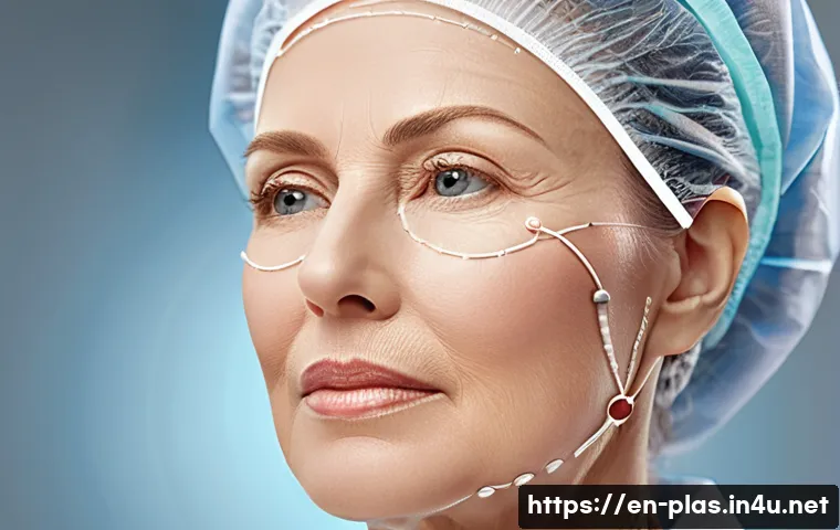 성형외과 실리프팅 효과 - A detailed medical illustration of a thread lifting procedure on a middle-aged woman&rsquo;s face, showing...