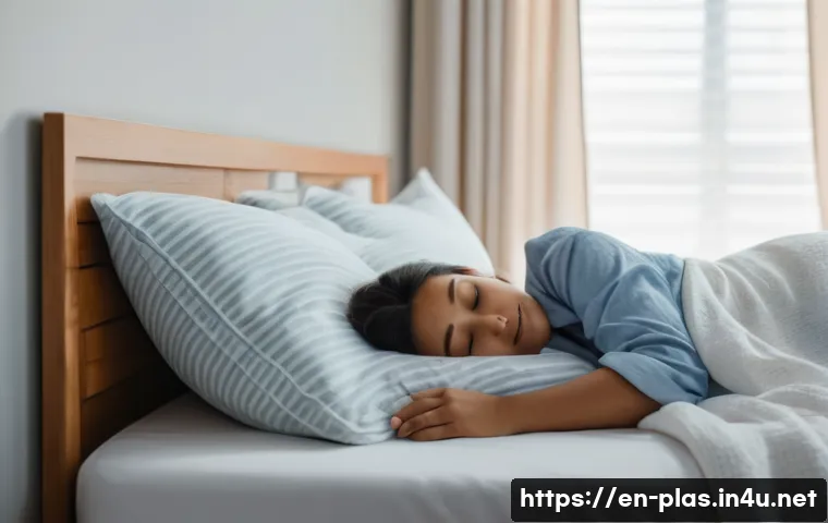 코 성형 후 관리법 - A serene bedroom scene showing a young adult woman peacefully sleeping on her back with her head ele...