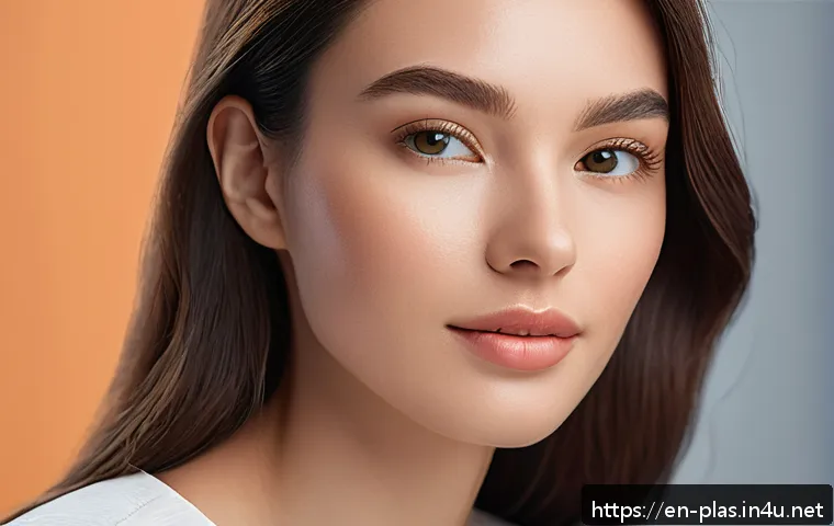 얼굴 윤곽주사 효과 - A close-up portrait of a confident young woman with subtle, natural facial contouring enhancements u...