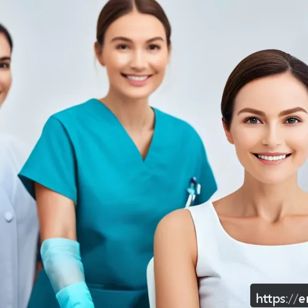 성형외과와 피부과 비교 - A modern dermatology clinic scene showcasing a diverse group of patients receiving non-surgical skin...