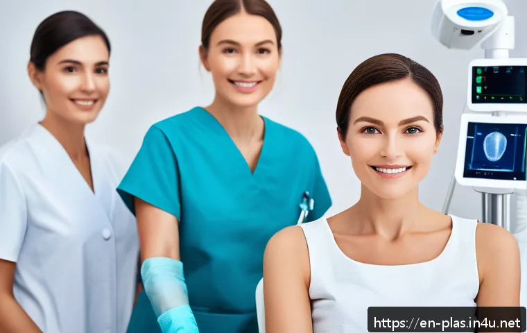 성형외과와 피부과 비교 - A modern dermatology clinic scene showcasing a diverse group of patients receiving non-surgical skin...