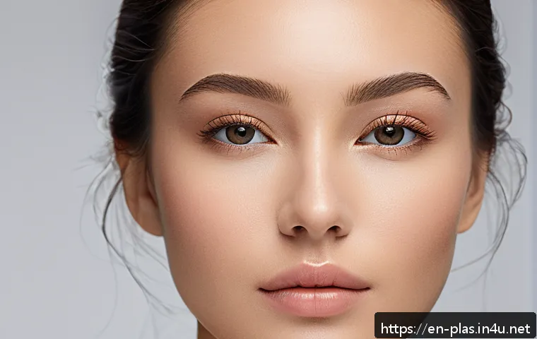 코 모양 교정 시술 - A close-up portrait of a young adult woman with natural skin tone, demonstrating subtle non-surgical...