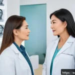 이중턱 지방흡입 후기 - A professional consultation scene inside a modern cosmetic surgery clinic, featuring a confident fem...