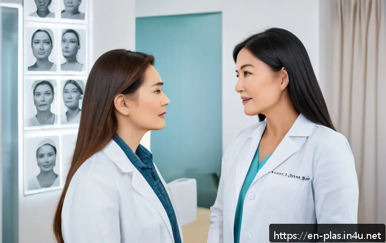 이중턱 지방흡입 후기 - A professional consultation scene inside a modern cosmetic surgery clinic, featuring a confident fem...