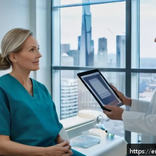 성형외과 견적 비교 - A modern plastic surgery consultation room featuring a confident middle-aged female patient sitting ...