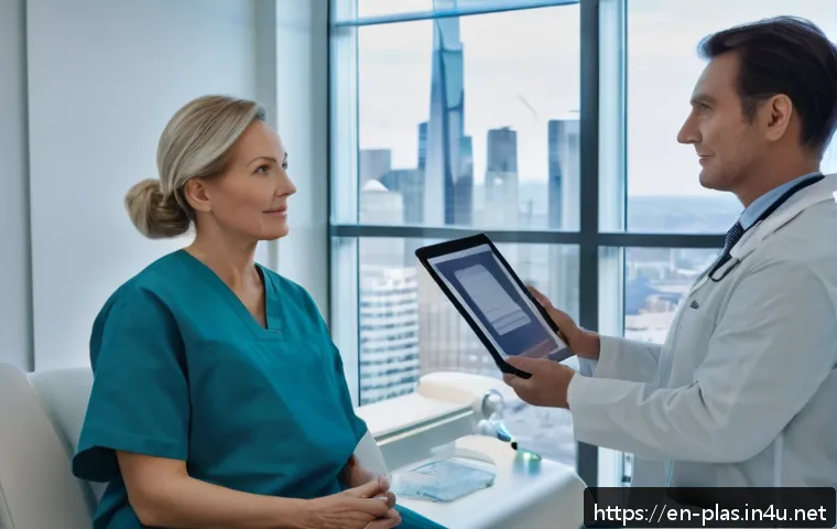 성형외과 견적 비교 - A modern plastic surgery consultation room featuring a confident middle-aged female patient sitting ...