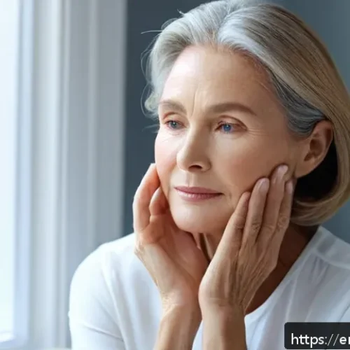 피부 처짐 완화 팁 - A close-up portrait of a mature woman gently massaging her face using upward strokes, highlighting s...