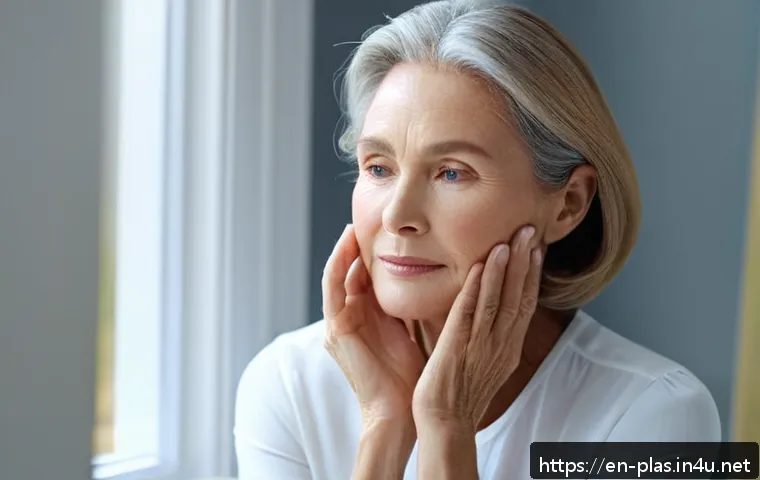피부 처짐 완화 팁 - A close-up portrait of a mature woman gently massaging her face using upward strokes, highlighting s...