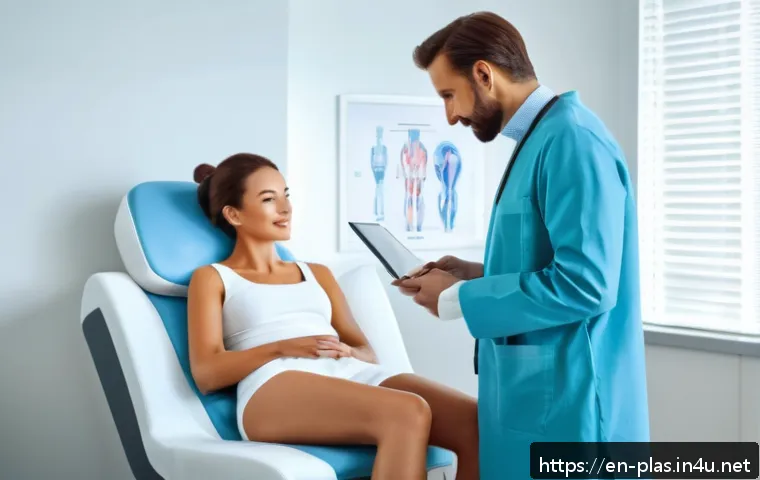 성형외과 상담 후기 - A warm, professional plastic surgery consultation scene inside a modern clinic: a friendly, attentiv...