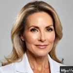 비절개 리프팅 효과 - Photorealistic close-up beauty portrait of a confident middle-aged American woman in a modern dermat...