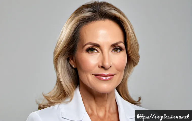 비절개 리프팅 효과 - Photorealistic close-up beauty portrait of a confident middle-aged American woman in a modern dermat...