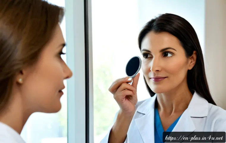 얼굴 윤곽술 효과 - Photorealistic aesthetic clinic consultation, confident middle-aged woman in modest professional clo...