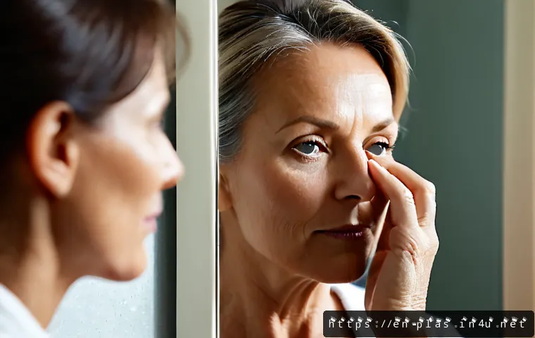 Home 17 눈 재수술 후기 - Photorealistic close-up of a middle-aged woman calmly examining her healed eyelids in a softly lit b...
